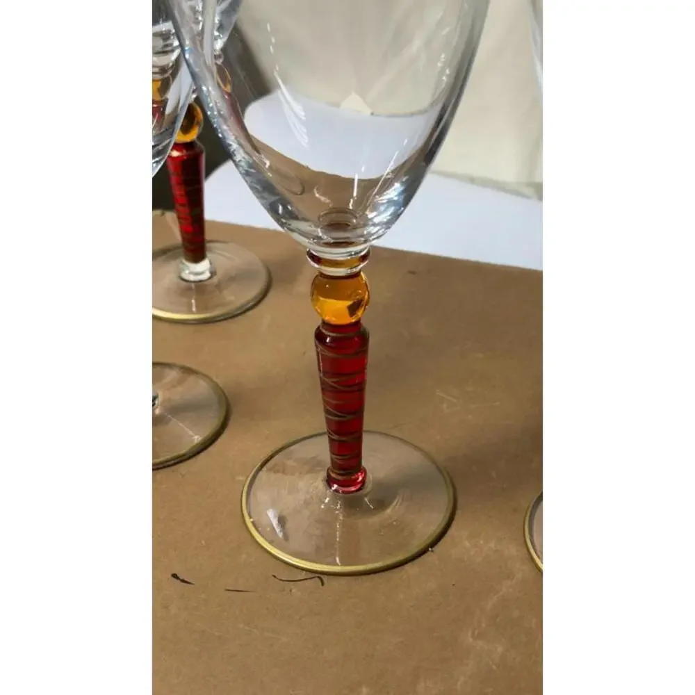 Set of 5 Handcrafted Amber Stem Wine Glasses‎ – 4 Matching + 1 Variant - Picture 10 of 16